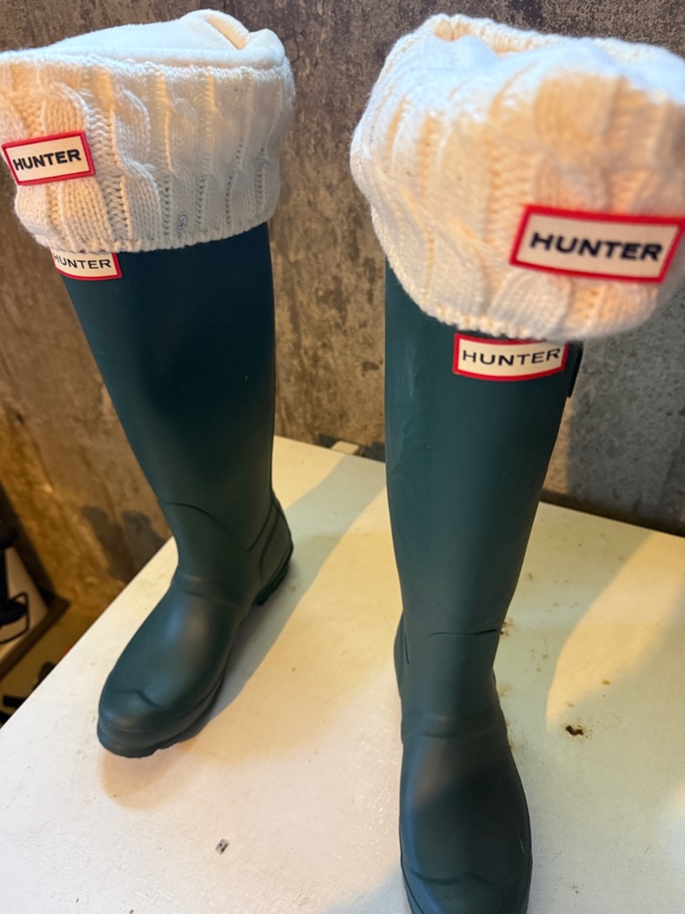 Hunter Forest Green Tall Rubber Boots with Cream Knit Socks - Picture 2 of 4